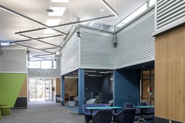 Bright contemporary commercial interior with an open-plan collaborative workspace and lounge seating. The space features a high exposed ceiling with suspended linear lighting, acoustic perforated ceiling panels, clerestory glazing, blue structural columns and walls, ribbed metallic wall panels, and a timber-toned perforated feature wall. Multiple meeting and breakout areas are arranged around the central circulation zone.
