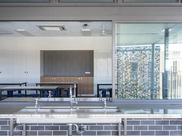 Bright contemporary commercial-style kitchen or teaching kitchen with a long stainless-steel island, multiple sinks and polished metal fixtures. The island base is clad in dark grey brick-pattern tiles, with white fixed cabinetry and a dark timber-toned feature wall behind. Large internal glazing and a perforated screen bring in abundant daylight; tables and stools are visible beyond the island.