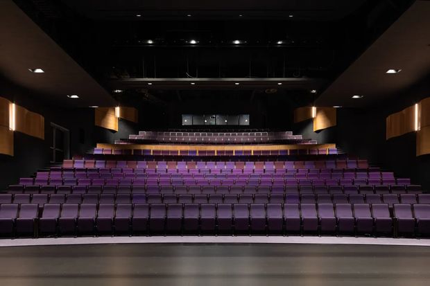 A large, empty auditorium viewed from the stage, with many rows of purple upholstered seats arranged in a gently tiered layout. The space has a dark ceiling and walls, theatrical stage lighting, warm timber-toned acoustic wall panels, and a raised balcony or rear seating area.
