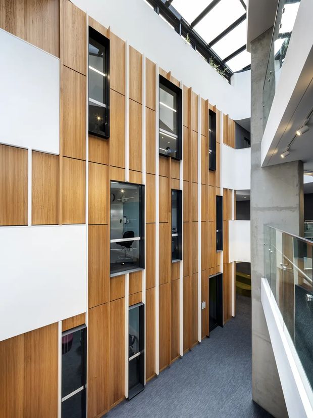 A bright multi-level commercial interior atrium or circulation space with a dramatic tall timber-lined wall. Vertical light-wood panels are interspersed with narrow black-framed glazed openings and white feature panels. A glazed balustrade overlooks the lower level, while exposed concrete columns and a large glazed roof structure bring an industrial, contemporary character. The floor is covered in dark grey carpet.