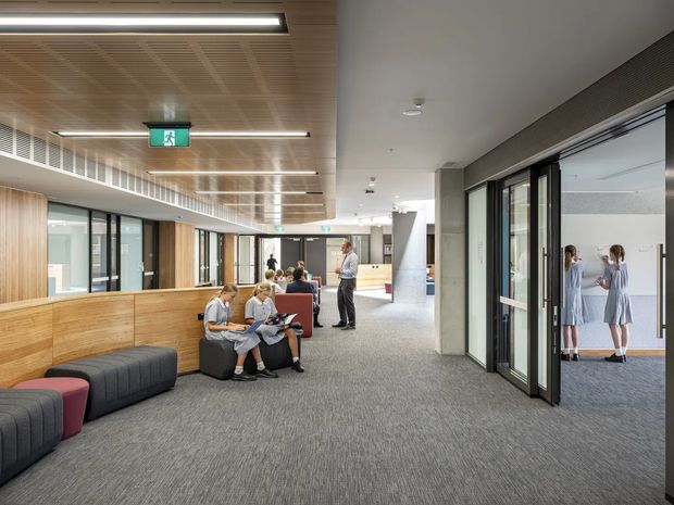 A bright contemporary institutional corridor or communal learning space with carpeted flooring, extensive glazing, timber-clad built-in bench seating, and a warm timber slatted ceiling. Students are seated in an integrated lounge area, while additional people and rooms are visible through glazed partitions. Linear recessed lighting, acoustic ceiling detailing, and dark-framed glass doors create a modern educational or commercial interior.