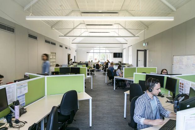 A bright open-plan commercial office with rows of workstations, pale green privacy screens, computers, office chairs, and employees working at desks. The space has a long axial layout, high exposed white-painted roof structure with timber-like lining, suspended linear fluorescent lighting, grey flooring, and extensive glazing at the far end. The overall atmosphere is functional, airy, and contemporary.