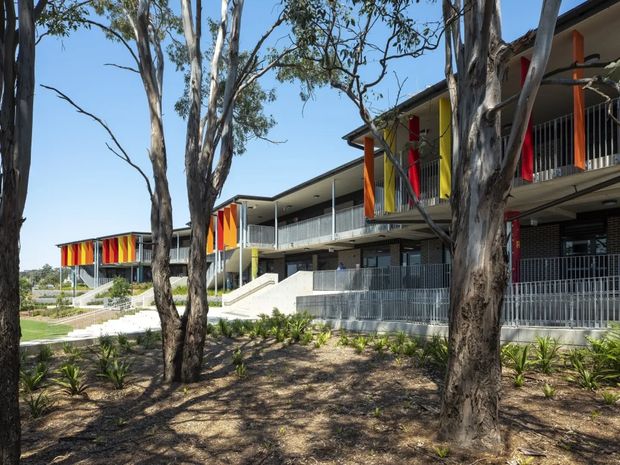 Exterior view of a contemporary multi-level building set among mature eucalyptus trees and landscaped grounds. The facade features extensive grey metal balustrades, exposed circulation walkways, concrete stairs and platforms, dark masonry walls, and vivid vertical orange, red, yellow, and green sun-shading panels. The low-pitched roof and elongated balcony arrangement suggest a multi-storey institutional or residential complex.