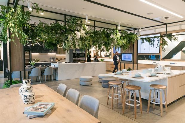 A bright, open-plan commercial hospitality or workplace interior with a large communal dining table in the foreground, a central island and casual bar seating, and extensive hanging greenery suspended from a black-framed ceiling grid. The fit-out combines pale timber, light stone or solid-surface counters, grey upholstered seating, black-framed glazing, integrated lighting, and contemporary kitchen or service areas.