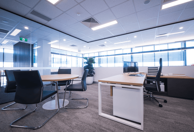 Bright contemporary open-plan office with rows of desks, ergonomic black office chairs, meeting tables, computer workstations, and a large potted plant. Full-height glazed windows with blinds provide abundant daylight, while mirrored or reflective partitions amplify the spacious feel. The room has a suspended acoustic ceiling with recessed linear lighting and ventilation grilles, carpet flooring, and light wood and white workstation joinery.