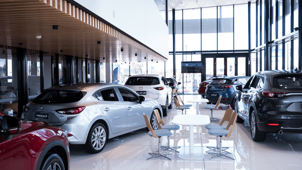 Bright modern automotive showroom with multiple parked cars displayed indoors, floor-to-ceiling glazing, a glossy light floor, a timber slatted ceiling, and a small customer seating area with round white tables and chairs.