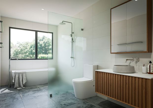 Bright contemporary bathroom with a freestanding-style bathtub beside a large black-framed window, a walk-in shower enclosed by frosted glass, wall-mounted toilet, and a floating timber vanity with a round vessel basin and mirrored cabinetry. The space combines white tiled walls, grey stone-look flooring, black accents, and warm vertical timber joinery.