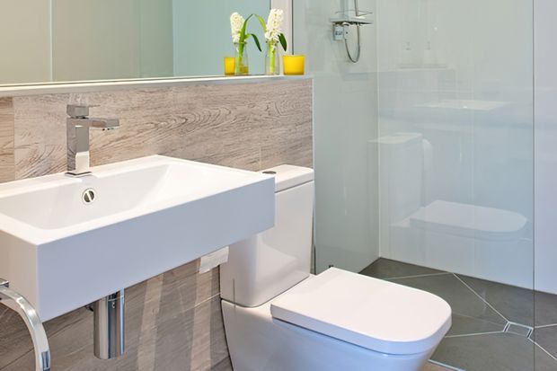 Bright contemporary bathroom featuring a wall-mounted white basin with chrome tapware, a white toilet, a glass-enclosed shower, and grey tiled flooring. A light timber-look wall panel behind the vanity adds warmth, while small potted plants provide subtle decoration.