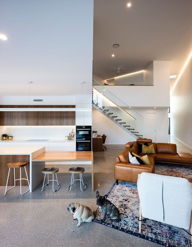 Bright open-plan contemporary interior combining a kitchen, living area and dramatic stairway. The kitchen features white fixed cabinetry, a warm timber feature wall and island with seating. A glass-balustraded stair rises beside the living space, which has exposed-height volume, recessed lighting and linear LED lighting. Leather seating and patterned rugs furnish the living area.