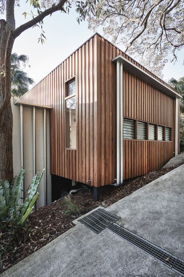 Exterior view of a compact contemporary building set among mature trees on a sloping site. The facade is clad in vertical natural timber boards, with a sharply pitched gable-like roof form, narrow vertical window, horizontal louvred window, exposed downpipes, and a concrete drainage-lined walkway in the foreground.