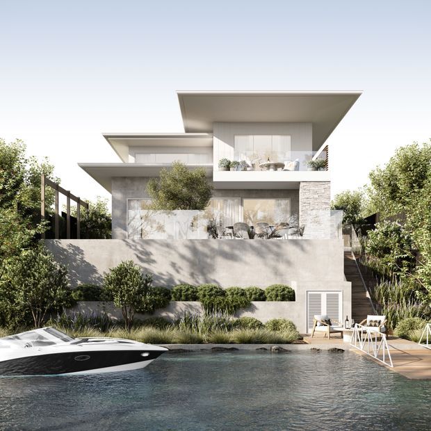 Rendered exterior view of a contemporary multi-level home set beside a swimming pool, with broad flat roof planes, cantilevered upper volumes, extensive glazing, pale rendered walls, stone cladding, landscaped gardens, and a timber poolside deck. A boat is visible in the foreground.