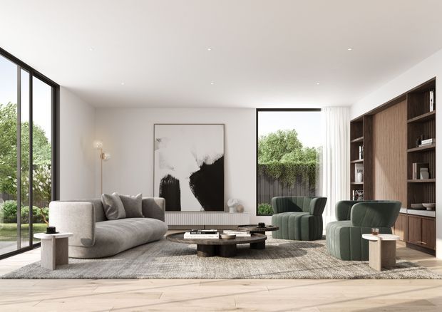 Bright contemporary living room with floor-to-ceiling black-framed glazing, pale timber flooring, a large textured rug, curved light-grey sofa, dark green lounge chairs, round layered coffee table, and a full-height dark timber built-in shelving wall. White walls and ceiling, recessed downlights, abstract artwork, and views to greenery create an airy, refined interior.