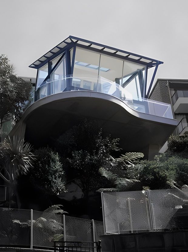 Exterior architectural photograph of a striking elevated balcony or terrace projecting over a landscaped, sloped residential site. The structure features a sculptural curved underside, transparent glass balustrades, and a lightweight dark steel frame with a translucent pitched canopy. Adjacent residential building elements and dense planting are visible around it.