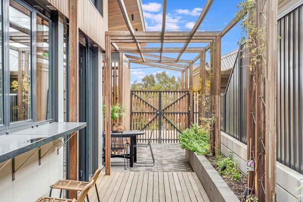 A bright, narrow outdoor courtyard terrace beside a contemporary dwelling, featuring timber decking, a paved walkway, a timber pergola with climbing plants, raised garden beds, a slatted timber gate, and an outdoor kitchenette or serving bench along the glazed wall. Corrugated metal cladding and extensive glazing frame the space, with a small dining setting at the far end.