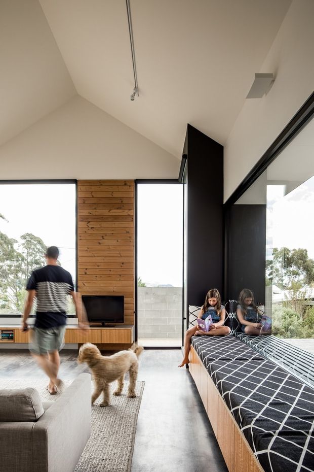 Bright contemporary living room with a high sloping ceiling, expansive black-framed glazing, a vertical timber feature wall with built-in television cabinetry, and a long built-in window seat upholstered in a dark geometric pattern. A sofa, rug, dog, and family members occupy the room. The space has a warm, open, family-oriented atmosphere with views of greenery outside.