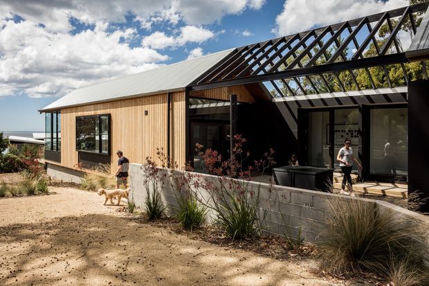 Exterior view of a contemporary single-storey home with warm vertical timber cladding, a light metal pitched roof, extensive glazing, and a dramatic dark steel pergola or trellis structure over an outdoor entertaining area. The house sits in a dry, landscaped setting with ornamental grasses and a partly visible ocean or distant horizon beyond.