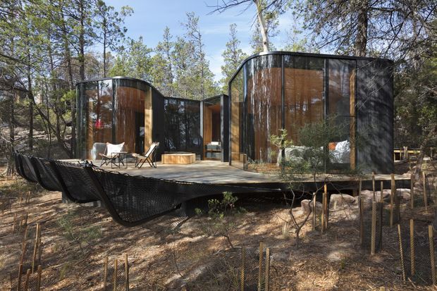 A contemporary pavilion-like house set within a wooded landscape, composed of curved dark exterior walls and extensive glazing with warm timber-toned interiors visible behind them. A broad timber deck projects into the surrounding trees and includes sculptural black woven seating and outdoor chairs. The building has a low, irregular roofline and appears carefully integrated with the natural bush setting.