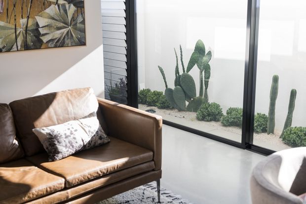 Bright contemporary living room featuring a brown leather sofa, textured cushions, abstract botanical wall art, and expansive black-framed glazing overlooking a minimalist indoor cactus and succulent garden. The room has a pale smooth floor and strong natural light.