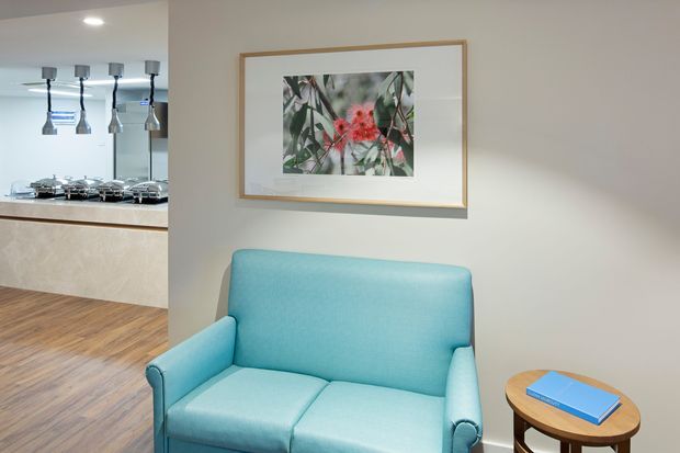 A bright contemporary interior featuring a turquoise upholstered two-seat sofa, framed botanical artwork, a small round timber side table with a blue book, and a partially visible kitchen with pendant lights, stainless-steel appliances, pale cabinetry, and timber flooring.