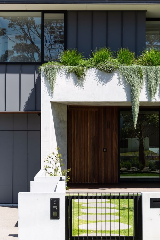 Front facade of a contemporary residence with dark vertically panelled cladding, large black-framed windows, a recessed timber entry door, and a white rendered entry surround. Lush grasses and trailing plants grow along the top of the entry canopy, with a minimalist black metal front gate, white rendered mailbox pillars, and stepping stones leading through a small lawn.