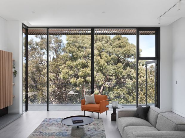 Bright contemporary living room with full-height black-framed glazing overlooking mature trees. The space features a large grey sectional sofa, orange accent armchair, round coffee table, patterned rug, pale flooring, white walls, and a vertical timber feature panel with integrated shelving. An external pergola or louvre structure is visible above the glazing.