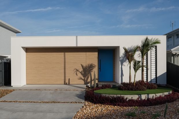 Front exterior of a contemporary single-storey home with a clean white rendered facade, recessed timber garage door, vivid blue entry door, and strong rectangular roofline. A concrete driveway leads to a low-maintenance landscaped front garden with palms, dark burgundy planting, gravel, and curved edging.