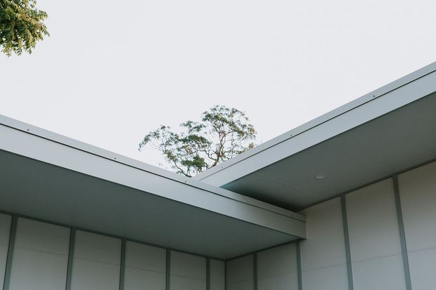 Close-up exterior view of a contemporary building with intersecting flat roof planes, deep roof overhangs, pale grey cladding or wall panels, and dark-framed vertical glazing. Trees are visible beyond the roofline.