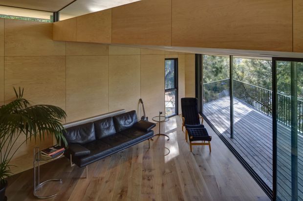 Warm modern living room with extensive timber wall panelling and matching overhead built-in cabinetry, a black leather sofa, lounge chair, glass coffee table, and full-height sliding glazing opening onto a timber deck surrounded by trees. The room has a timber ceiling, timber flooring, and abundant natural light.