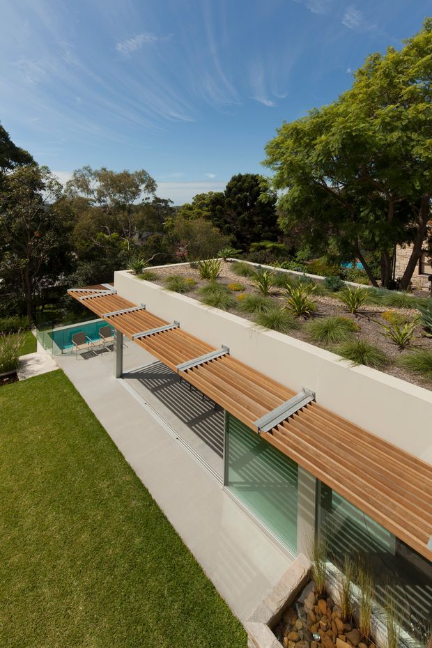 Exterior architectural view of a modern, low-profile residential building integrated into a landscaped site. The image shows a planted flat roof with ornamental grasses and succulents, a long pale rendered wall, extensive glazed doors or windows, and a projecting timber slatted pergola that casts strong linear shadows over the concrete walkway. A manicured lawn, pool glimpses, garden planting, and mature trees surround the structure beneath a bright blue sky.