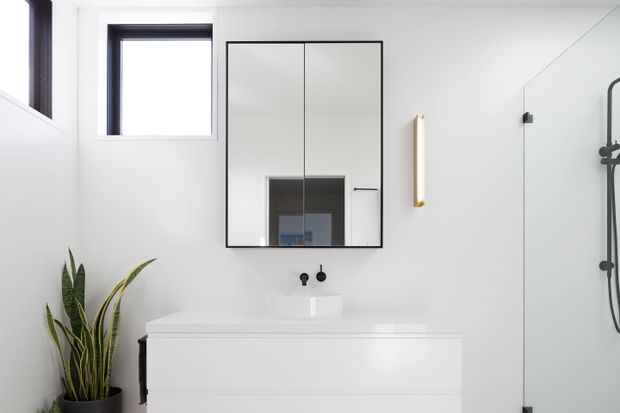 Bright, minimalist bathroom vanity area with a white floating-style cabinet, integrated white basin, large black-framed mirrored cabinet, wall-mounted vertical feature light, and a frameless glass shower enclosure. A tall potted plant adds a natural accent. Black window and shower hardware provide contrast against the predominantly white interior.