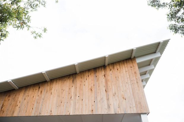 Upward-looking exterior view of a contemporary building facade clad in vertical warm timber boards, with a sharply angled asymmetrical roof and exposed layered roof-edge detailing. Tree branches frame the bright overcast sky.