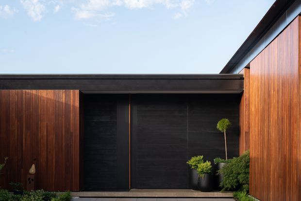 A contemporary residential entrance or garage facade framed by rich vertical timber cladding. A broad dark recessed door or garage opening sits beneath a flat projecting roof, with black wall surfaces and sculptural potted greenery providing contrast. The composition is minimalist and strongly horizontal, viewed from the exterior under a bright sky.