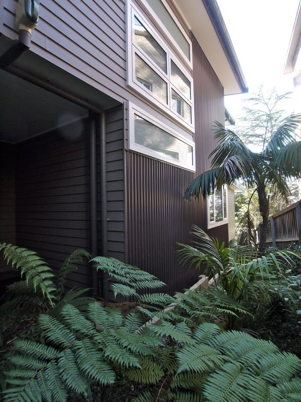 A close exterior view of a contemporary multi-level building set within dense fern and palm planting. The facade combines dark horizontal weatherboard cladding with a darker vertically ribbed wall section, white-framed rectangular windows, visible gutters and downpipes, and a covered recessed area at the left.
