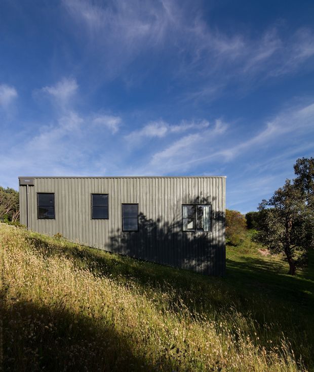 A small, simple rectangular building set on a grassy, sloping rural or semi-rural site. The facade is clad in vertically ribbed grey metal with several dark-framed rectangular windows, including a projecting or open corner window assembly. Mature trees and tall grasses surround the structure under a broad blue sky. The image is an exterior architectural view emphasizing the building envelope and landscape setting.