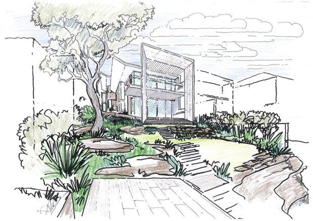 Hand-drawn architectural perspective sketch of a contemporary multi-level residence set within a landscaped garden. The design features a prominent rectangular framed facade, extensive glazing, projecting balconies, and a slatted or pitched roof element. Stepped stone paths, planted garden beds, a mature tree, and a broad paved foreground lead toward the entrance. The image is presented in loose black linework with light grey, green, and muted earth-tone washes.