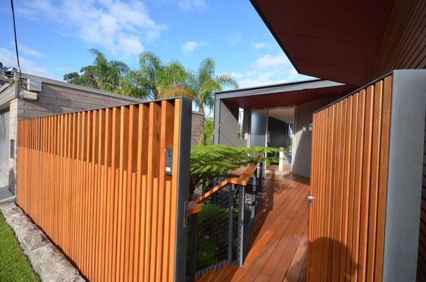 A contemporary residential entrance viewed from outside, featuring a warm timber-slatted gate and matching vertical timber screening, a timber deck and walkway, dark metal framing, and a covered entry canopy. Lush palms and fern planting are visible around the entry, with bright blue sky beyond.