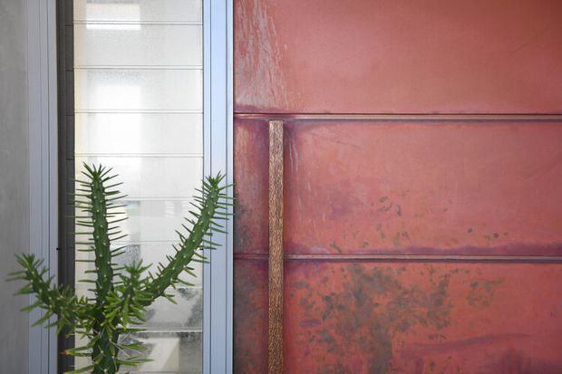 Close-up architectural detail of a contemporary facade combining large weathered reddish metal panels with visible seams and a contrasting vertical metal trim. A narrow glazed opening with light-coloured horizontal cladding is visible beside it, partially screened by a sculptural succulent plant.