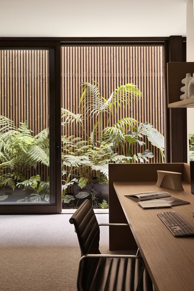A refined home office with a long dark timber desk and integrated privacy partition, paired with a black leather office chair. Floor-to-ceiling glazing opens toward a lush planted courtyard screened by vertical timber slats. The room has a warm, restrained palette with carpet flooring, dark timber framing and joinery, and carefully styled desk accessories.