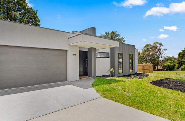 Single-storey contemporary residential home exterior viewed from the driveway, featuring a large integrated garage, smooth light-grey rendered walls, dark vertical cladding around the entry and front windows, a projecting flat-roof canopy, and a simple landscaped front yard.
