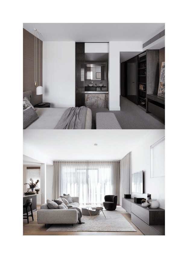 A two-panel interior design presentation showing a refined contemporary bedroom above and an open-plan living room below. The bedroom features a muted grey upholstered bed, warm brown wall finish, dark vertical screening, integrated dark timber cabinetry, a marble-faced bathroom vanity visible through the opening, and soft indirect lighting. The living room has a pale grey sectional sofa, textured area rug, black accent armchair, dark low media cabinetry, sheer full-height curtains, and abundant natural light. The overall palette is neutral, layered, and minimalist-contemporary.