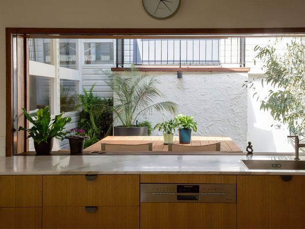 A bright kitchen viewed from the workbench toward a large timber-framed opening overlooking an internal courtyard. The room features warm wood cabinetry, a pale stone benchtop, integrated dishwasher, stainless-steel sink and tap, and abundant potted greenery. The courtyard beyond has timber decking, a textured white wall, and a glazed or screened upper-level facade, creating a strong indoor–outdoor connection.