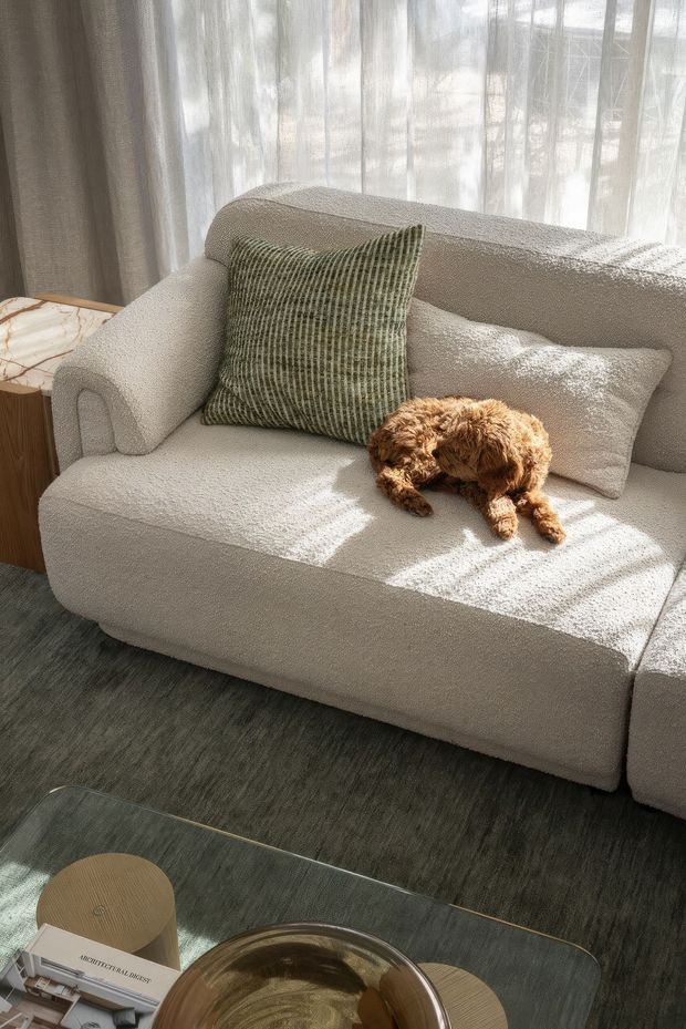 A softly lit living room vignette centered on a large cream boucle-style sectional sofa with rounded arms and matching cushions. A textured olive-green accent pillow and a small brown dog rest on the sofa. Sheer floor-to-ceiling curtains filter strong daylight behind it, while a dark textured rug and a transparent glass coffee table with a sculptural bowl occupy the foreground. The overall composition feels warm, calm, and refined.