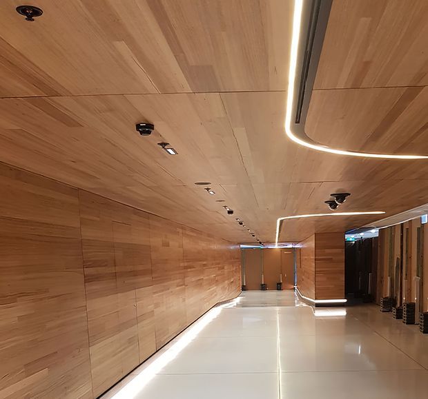 A long, narrow contemporary interior corridor or showroom-like passage lined with warm timber wall and ceiling panels. Integrated linear LED lighting traces the ceiling and wall junctions, while recessed spotlights and a glossy light-coloured floor create a clean, streamlined appearance. Display or storage panels are visible along the right side.