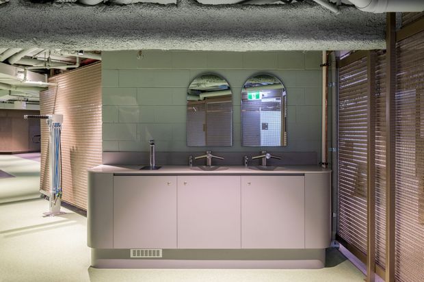 A commercial washroom vanity area with a long pale built-in cabinet, multiple sinks and chrome tapware, arched mirrors, and a textured suspended ceiling. Timber-toned louvred screening and exposed services contribute an institutional, utilitarian character.