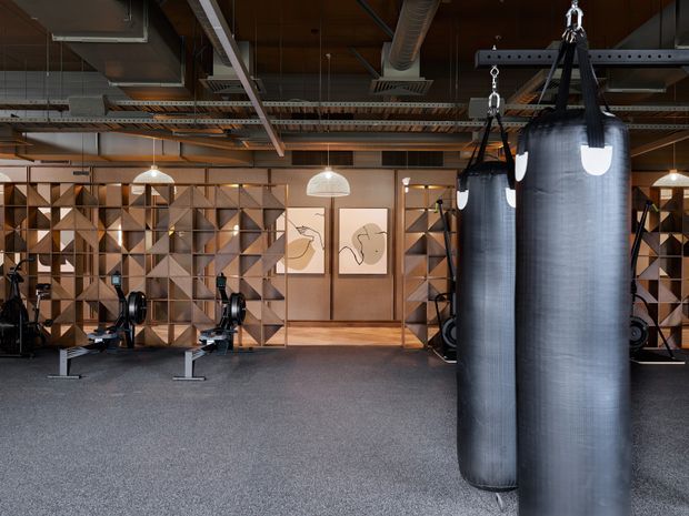 Industrial-style fitness studio with several hanging black punching bags in the foreground, rowing machines along the sides, and a spacious rubber-floored workout area. The room features exposed ceiling services, ducts, beams and cable trays, along with a geometric timber partition wall and framed abstract artwork.