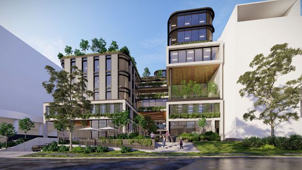 Architectural rendering of a contemporary multi-storey urban development with rounded glazed towers, planted terraces, vertical greenery, landscaped frontage, and a pedestrian entry plaza. The composition shows a prominent white sculptural building volume alongside darker framed buildings and abundant integrated planting.