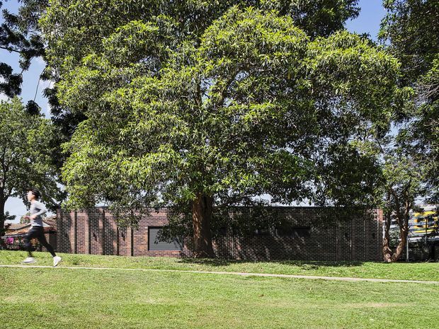 A low, single-storey brick building is partially screened by a large leafy tree and lawn. The facade features dark brown brickwork, narrow horizontal windows, and a low tiled roof, with a pedestrian passing in the foreground. The image is an exterior architectural view in a leafy suburban or institutional setting.