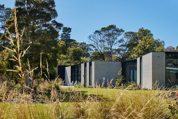 A low, contemporary single-storey building set within a wooded landscape. The facade combines dark-framed glazing with pale grey masonry or brick walls, arranged as a series of projecting and recessed rectangular volumes. Native grasses and informal planting occupy the foreground, while mature trees surround the property.
