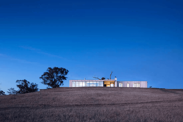 A low, modern single-storey house sits along the crest of a broad, dry grassy hillside. The building has a long horizontal form, extensive floor-to-ceiling glazing, pale rendered or metal-clad walls, and a prominent warm timber-toned central entrance or courtyard element. The scene is photographed at blue hour beneath a deep blue sky, with sparse mature trees silhouetted nearby.