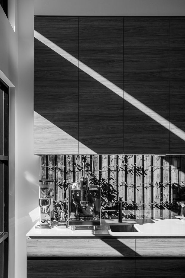 Monochrome photograph of a compact contemporary kitchen featuring dark timber-grain upper and lower cabinetry, a bright white benchtop, integrated sink, and coffee-making appliances. Strong diagonal sunlight creates dramatic contrast across the cabinetry and benchtop, with a textured timber screen visible behind the work area.